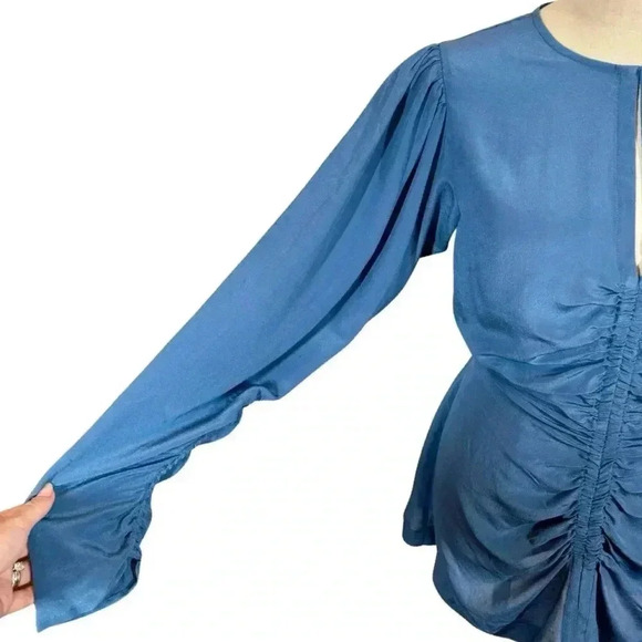 Mariacher Maria Cher Olite Rosario Silk Ruched Short Long Sleeve Mini Dress Blue - Picture 4 of 12